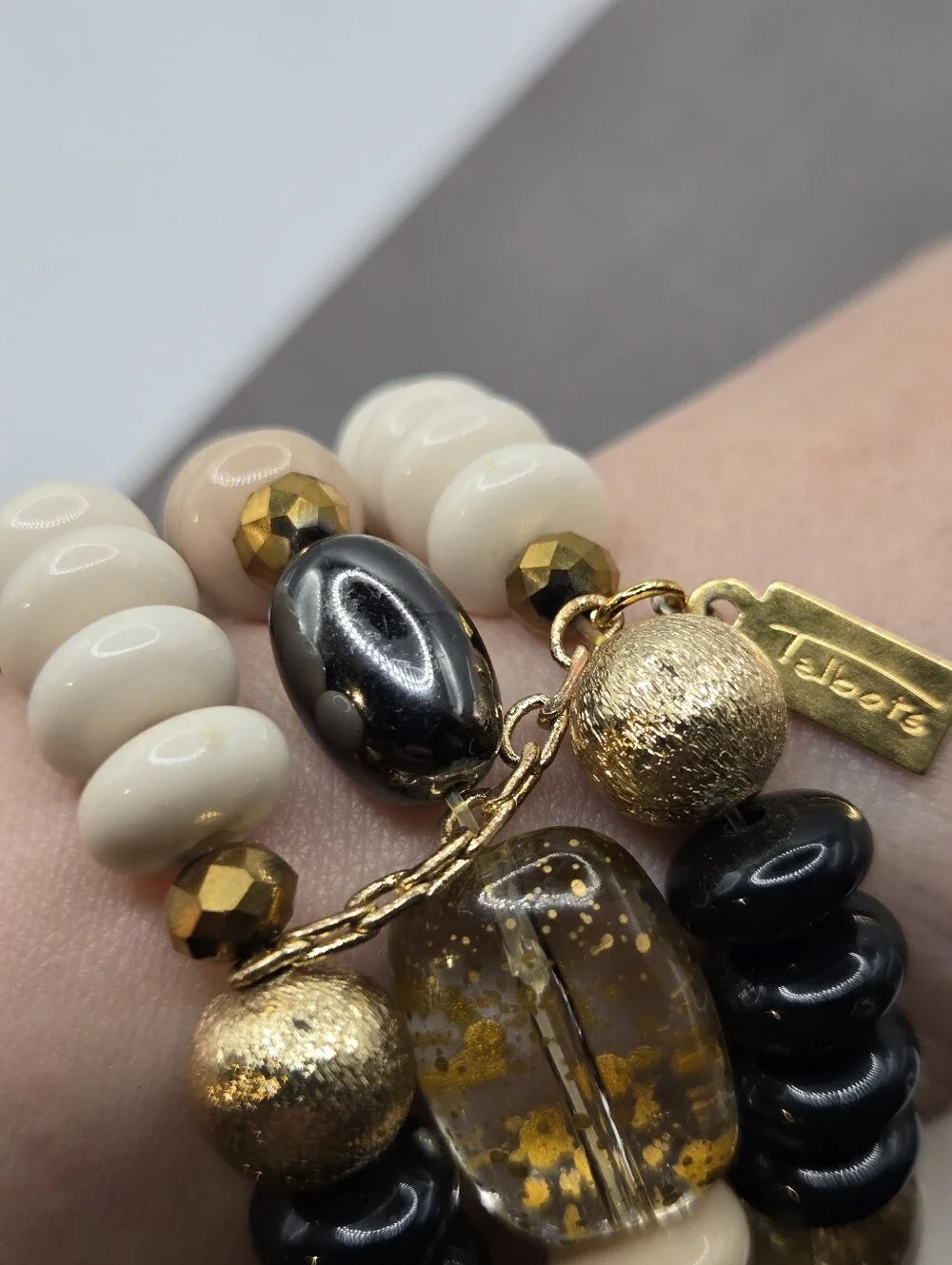 Mixed Metals Chunky Rondelle Beads Bracelet Stack Talbots Gold Fleck Boho Beachy